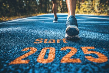 A runner on the starting line of an outdoor track, with "Start" and "2025" written in numbers next to him, preparing for a new year's resolution. High-resolution micro shot. Ai

