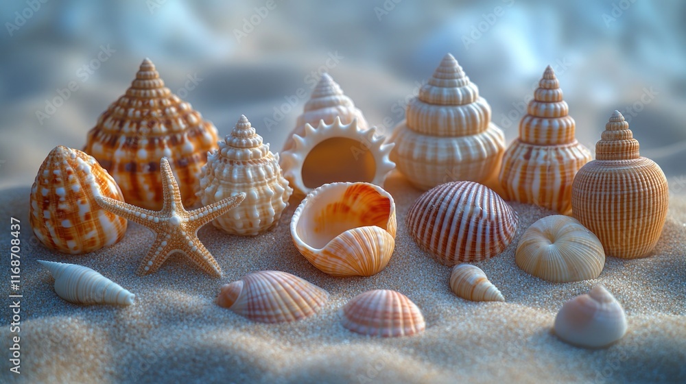 Poster a collection of various seashells and a starfish arranged on sandy beach.