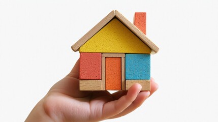 Naklejka premium A child holding a block and building a house with blocks.