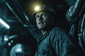 Fototapeta premium Miner in Dark Environment with Headlamp Looking Over Shoulder