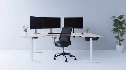 Ergonomic Workspace: Professional Demonstrating Proper Posture at Dual Monitor Corner Desk with Cinematic Touch