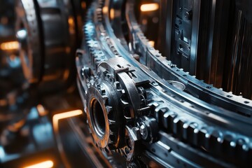 Fototapeta premium Intricate Cogs and Belts in Motion Inside a Factory