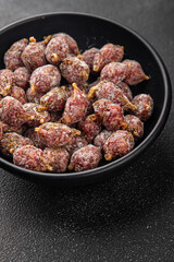 small smoked sausages appetizer mini salami sausage kabanosy fast food fresh tasty food dish delicious gourmet food background on the table rustic food top view copy space