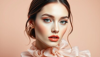 Fototapeta premium Beauty salon shot of a stylish girl with soft glowing skin, radiant lip color, and artistic eye shadow