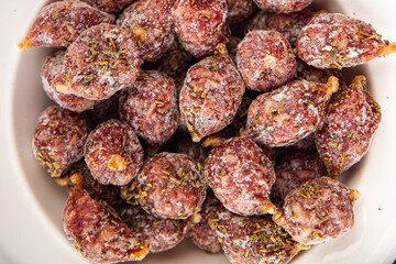 small smoked sausages appetizer mini salami sausage kabanosy fast food fresh tasty food dish delicious gourmet food background on the table rustic food top view copy space