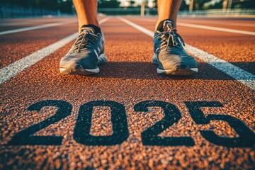A runner on the starting line of an outdoor track, with "Start" and "2025" written in numbers next to him, preparing for a new year's resolution. High-resolution micro shot. Ai

