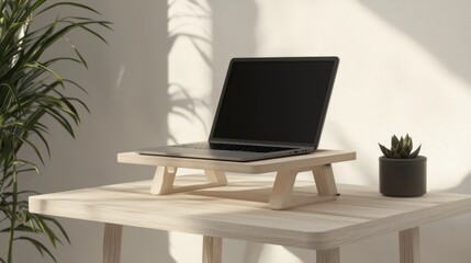 Fototapeta premium Ergonomic Foldable Standing Desk Converter on Wooden Table with Open Laptop - Ultra-Detailed Concept Image