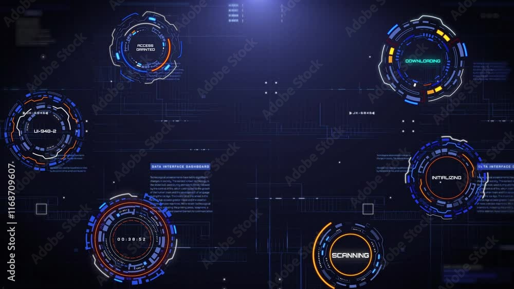 Wall mural HUD futuristic spinning circle crosshair element with digital data, chart for business development, game, technology motion 4K motion.