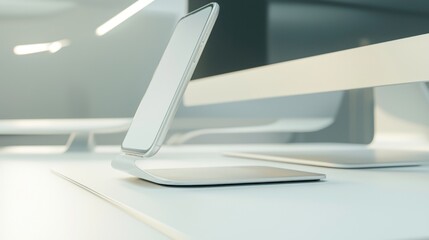 Ergonomic Phone Stand for Neck Relief: Top-Down Cinematic Concept Image Near Monitor
