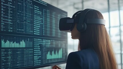 Woman using VR headset analyzing financial data on large screen.