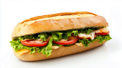 Golden baguette sandwich with crisp lettuce, sliced tomatoes, and melted cheese isolated on white 
