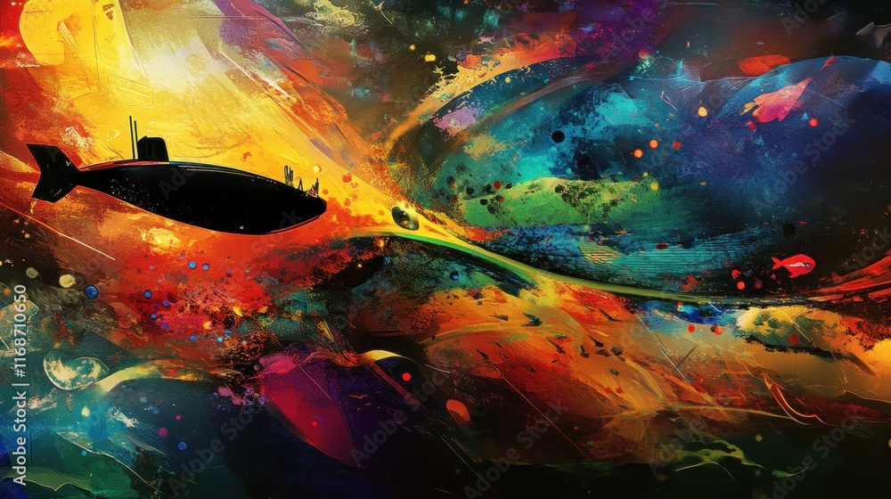 Poster a colorful abstract representation of a submarine navigating through a vibrant underwater scene.