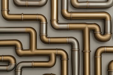 Abstract Intertwined Aluminum Piping Arrangement, Gold and Silver Tones, Industrial Design Concept