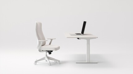 Fototapeta premium Modern Minimalist Workspace with Thin Desk, Laptop Stand, and Adjustable Chair in Cinematic Neutral Tones