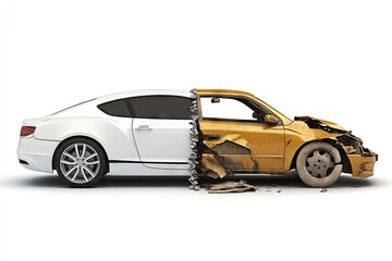 A split image of a pristine white car and a damaged gold car, illustrating contrast.