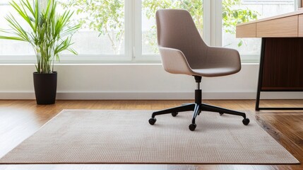 Fototapeta premium Plush Comfort in Home Office: Ergonomic Office Chair on Soft Rug for Cinematic Work Environment