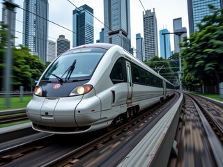 Modern High Speed Train Traveling Through Cityscape Rapid Transit System