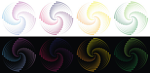 Colorful Spirograph pattern on black background. Multicolor spiral vortex on dark backdrop. Universe objects. dotted spiral vortex 2 rounded dot. Isolated vector illustration on dark background