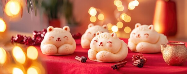 Chinese new year dessert Red bean paste buns shaped like Chinese zodiac animals, glowing golden light and festive red tablecloth creating a playful setup