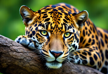 Fototapeta premium A close-up of a jaguar with its head resting on a branch. The jaguar has a distinctive spotted coat pattern and intense eyes, and is set against a vibrant green background