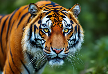 Fototapeta premium A close-up portrait of a Siberian tiger with striking orange and black striped fur, piercing yellow eyes, and a powerful expression against a blurred green natural background