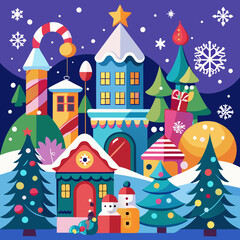 A festive Christmas card illustration featuring a snowy village with houses, Santa Claus in the city, fir trees, and holiday decorations in a seamless cartoon style
