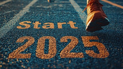 A runner on the starting line of an outdoor track, with "Start" and "2025" written in numbers next to him, preparing for a new year's resolution. High-resolution micro shot. Ai

