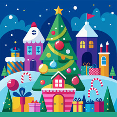 A festive Christmas card illustration featuring a snowy village with houses, Santa Claus in the city, fir trees, and holiday decorations in a seamless cartoon style and big tree