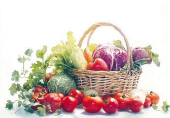 Fresh and Vibrant Assortment of Organic Vegetables in a Woven Basket with Greenery and Colorful Produce on a Bright White Background