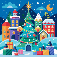 A whimsical Christmas vector illustration of a snowy winter village with decorated houses, a castle, and a Christmas tree, perfect for holiday greeting cards