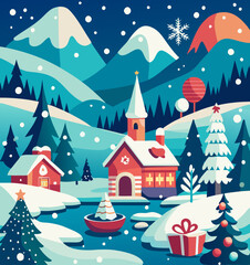 Winter village at night with snow-covered houses, water board and Christmas trees 