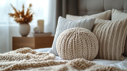 Cozy bedroom setup featuring knitted pillows and warm textures creating a tranquil atmosphere for relaxation