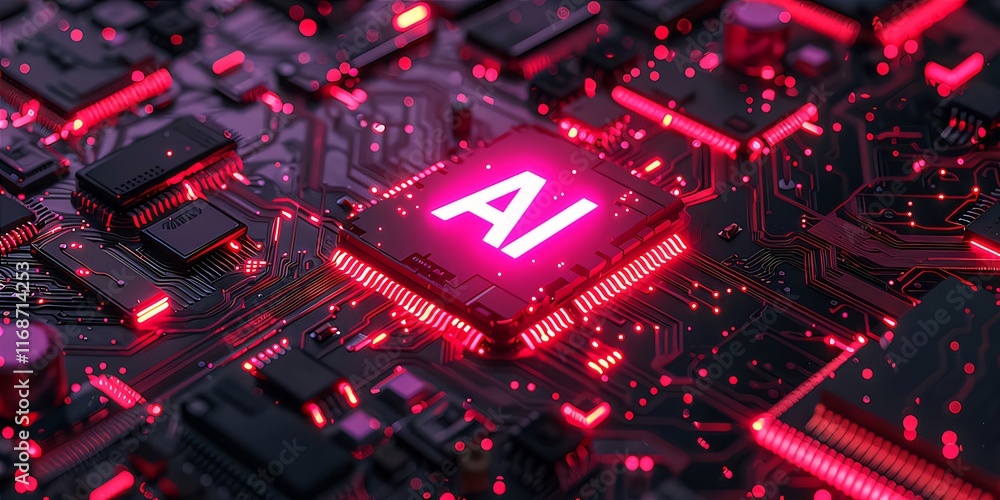 Poster ai processor glowing on circuit board.