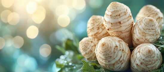 Delectable stack of fresh fluffy waffles against a blurred natural background with soft focus bokeh and a vibrant green overlay creating a visually appealing and mouthwatering still life image