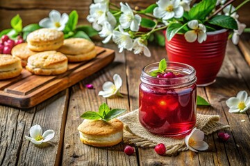 Fototapeta premium Delicious Dogwood Blossom Jelly & Biscuits, Springtime Treats, Rustic Table Setting