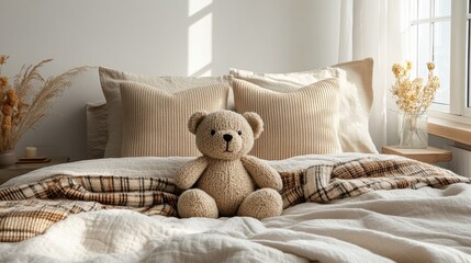 Cozy bedroom with a teddy bear in soft morning light and tranquil decor for a peaceful ambiance