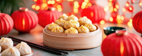 Chinese New Year feast table, golden dumplings as centerpiece, surrounded by red lanterns, festive atmosphere, traditional prosperity concept