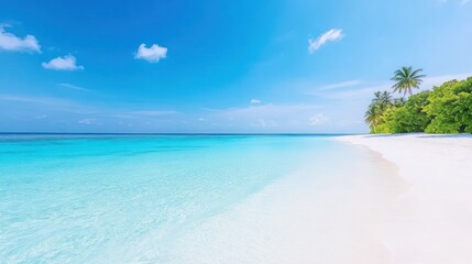Fototapeta premium Serene beach with clear water and palm trees under a blue sky.