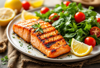 A grilled salmon fillet served on a plate with a fresh green salad, cherry tomatoes, and lemon wedges