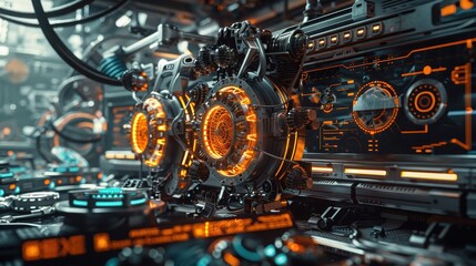 Fototapeta premium Futuristic robotic technology with gears and digital displays in a lab setting.