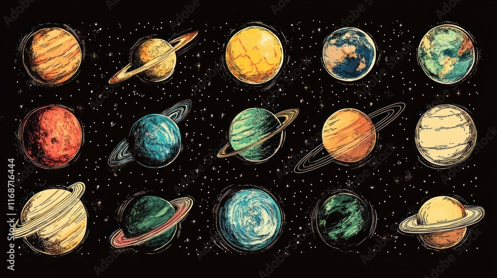 Poster a colorful illustration of planets in a cosmic setting, showcasing different celestial bodies.