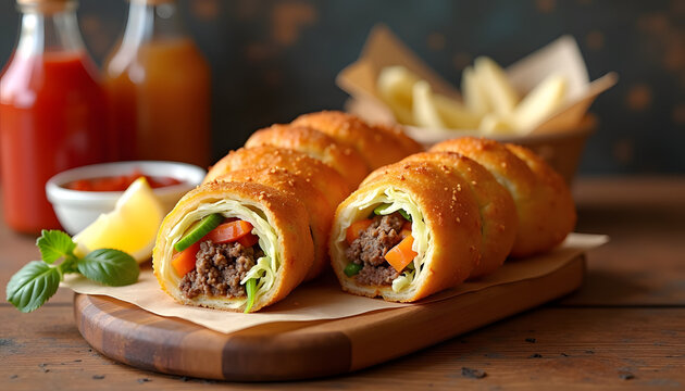 Chiko Roll served with dipping sauce and lemon wedges, nostalgic street food
