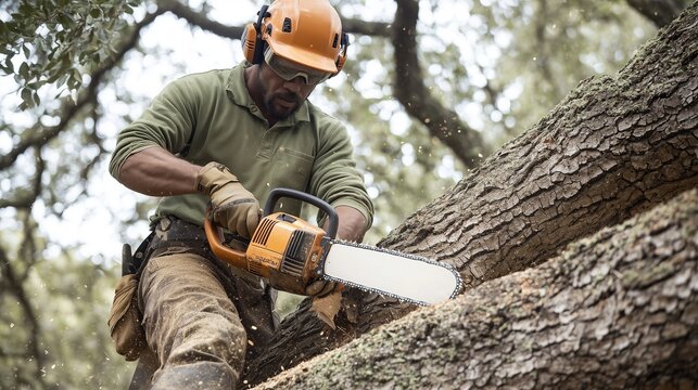 Skilled arborist uses a chainsaw to cut a fallen tree, demonstrating professional tree removal techniques