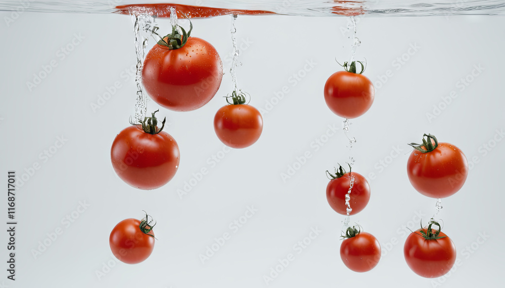 Poster red tomatoes are submerged in clear water, creating dynamic splashes and bubbles. the composition fo