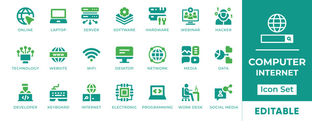 Computer Internet Icon Set. Features editable icons for computer symbols, internet, online, laptop, server, work desk, and social media. Perfect for tech companies, websites, and presentations.