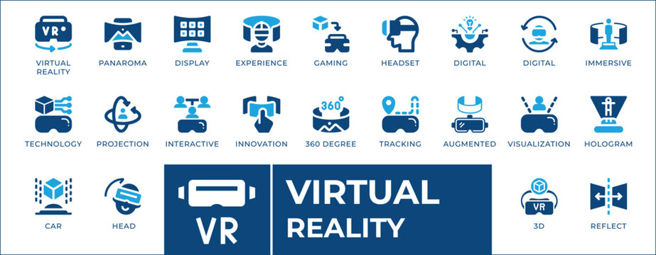 VR icon set. Explore the metaverse with the icons for virtual reality, augmented reality, metaverse, 3D, gaming, holograms, and more. Perfect for tech, design, and VR projects. - Powered by Adobe