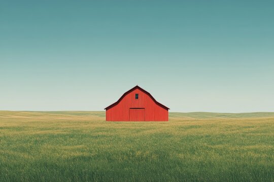 Red barn stands alone in a vast green field under a clear blue sky - Powered by Adobe