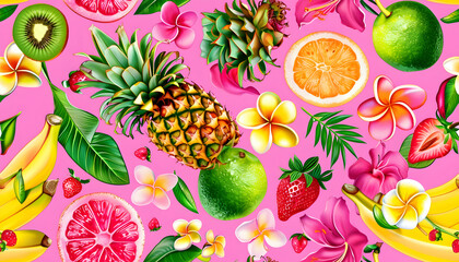 Vibrant Tropical Fruit and Flower Illustration