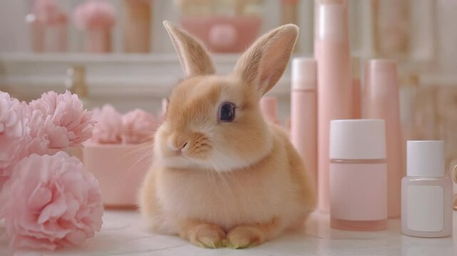 An adorable rabbit surrounded by pastel pink skincare bottles and delicate flowers
