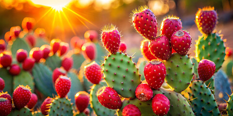 Bright prickly pear cacti stand proudly under a warm sunset, showcasing ripe red fruit among green pads. The scene captures the beauty of nature in a serene desert landscape